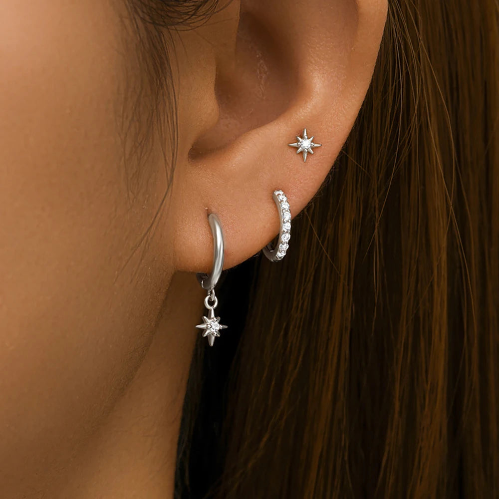 3 Piece Fashion Stainless Steel Round Star Drop Earrings Set for Women.