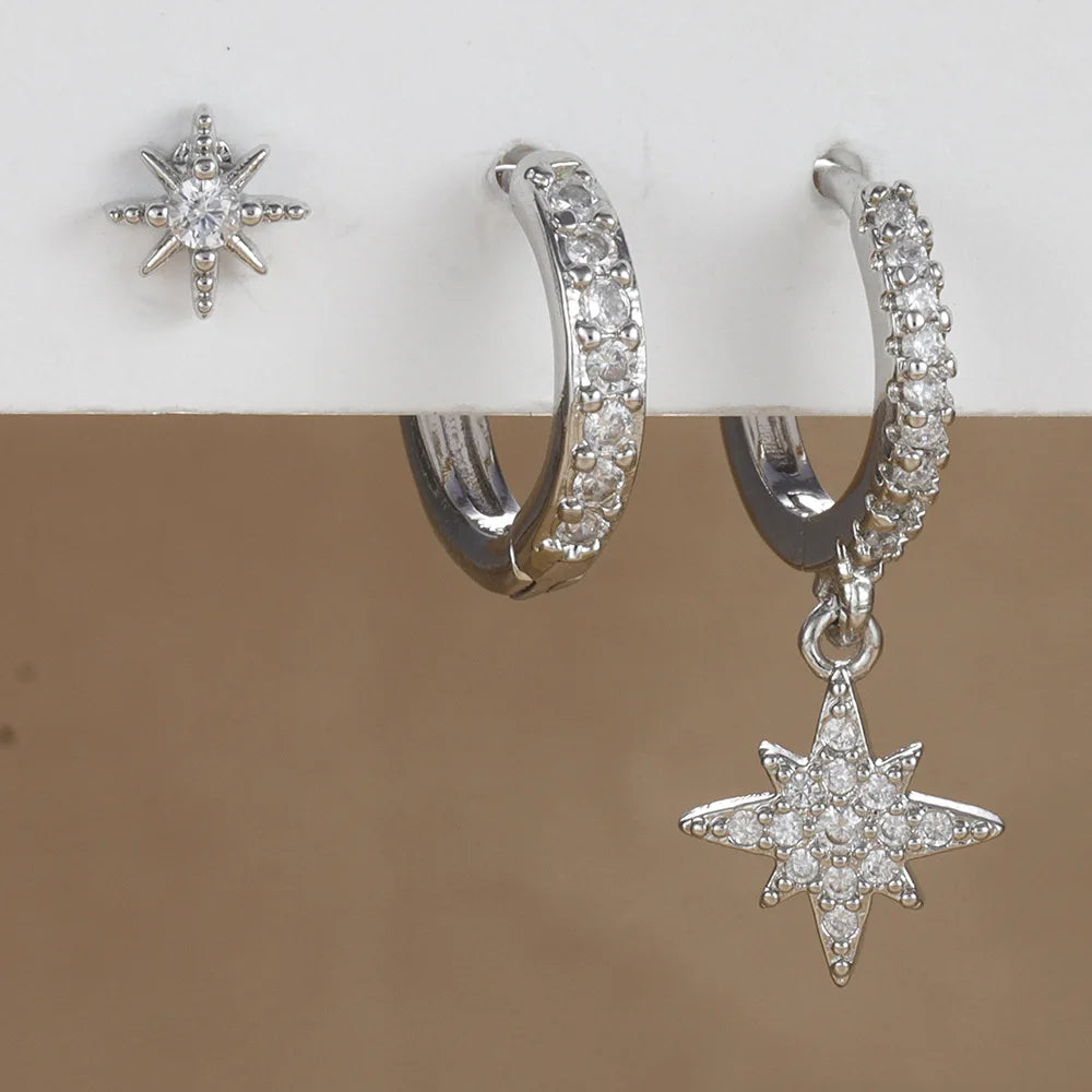 3 Piece Fashion Stainless Steel Round Star Drop Earrings Set for Women.