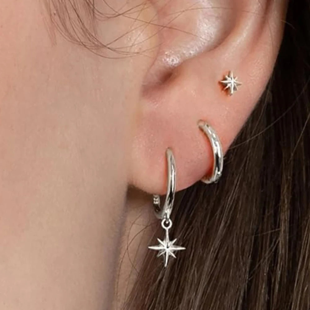 3 Piece Fashion Stainless Steel Round Star Drop Earrings Set for Women.