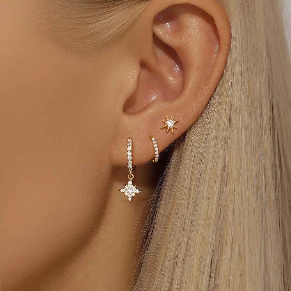 3 Piece Fashion Stainless Steel Round Star Drop Earrings Set for Women.